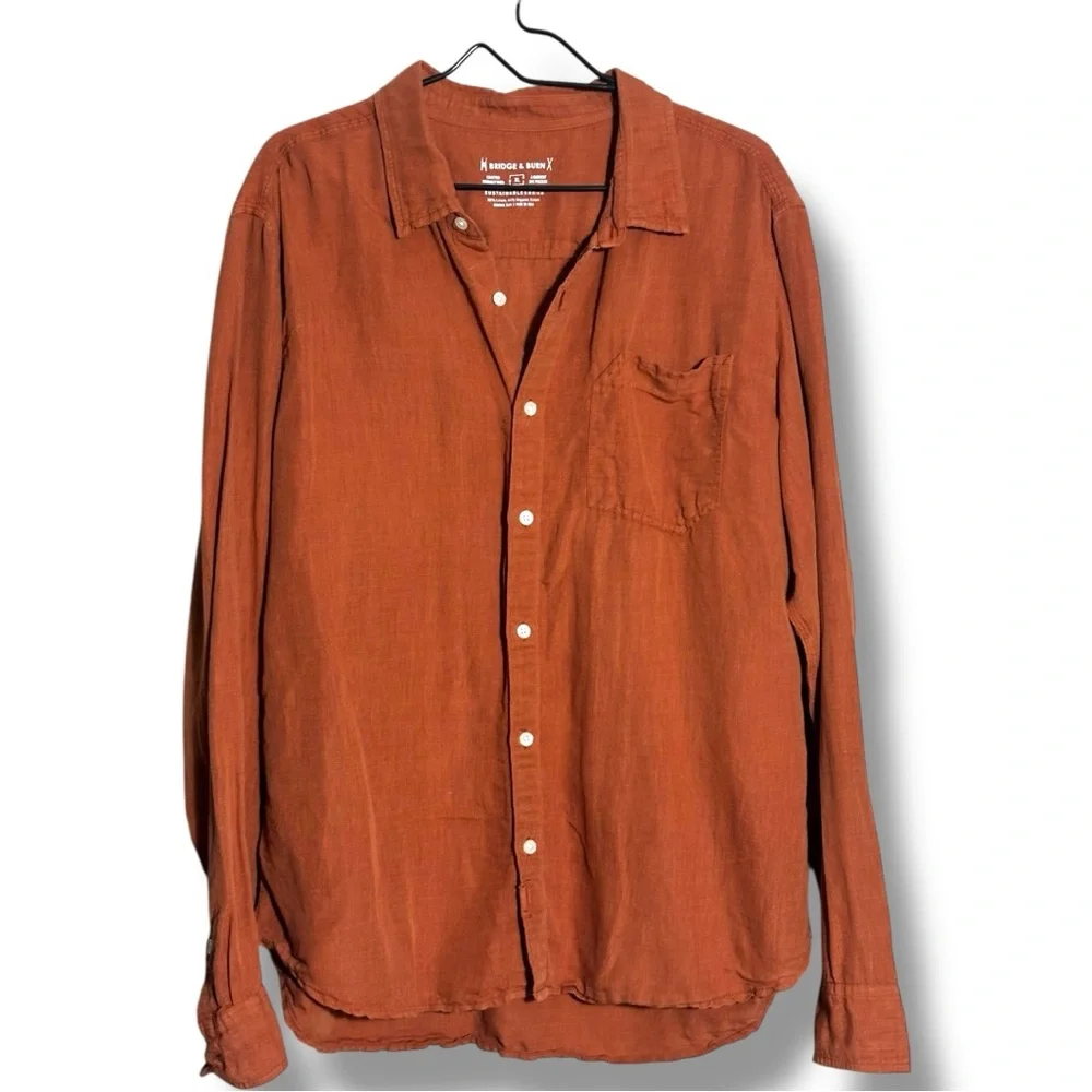 Bridge & Burn Casual Rusty Orange Loose Fit Long Sleeve Collared Button-Up Shirt - Picture 12 of 15